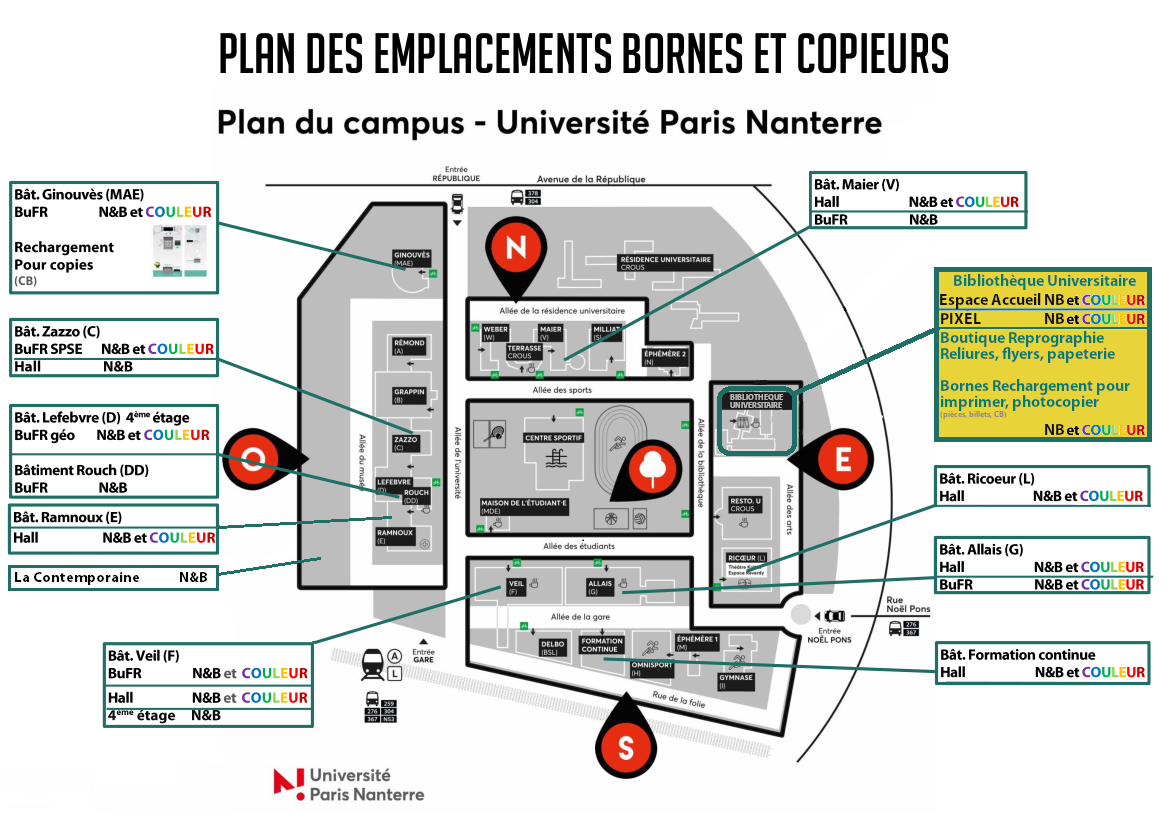 Plan de la localisation des copieurs sur les campus de l'UPN