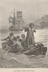 Le squire épaula son fusil, gravure de George Roux pour L'Île au trésor, par R. L. Stevenson, traduction par André Laurie aux Edition Hetzel en 1885. Disponible sur Gallica : https://gallica.bnf.fr/ark:/12148/bpt6k6566382t